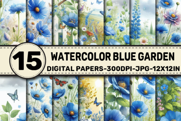 Watercolor Blue Garden Patterns Digital